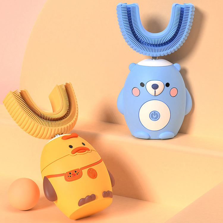 Periuta de dinti electrica sonica 360° în forma de U, reincarcabila, pentru copii, cu silicon, cronometru inteligent, lumina albastra, IPX7