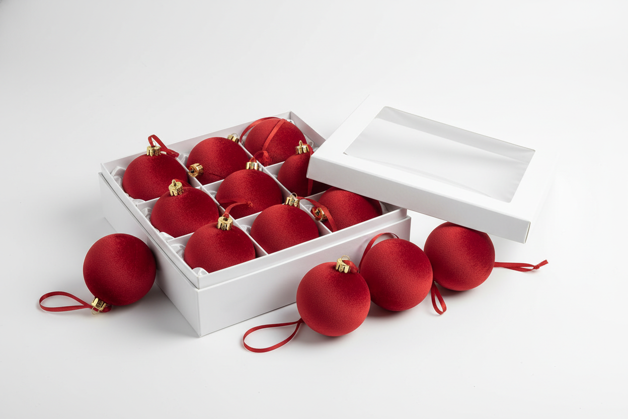 set de 12 globuri catifelate rosii simple pentru brad